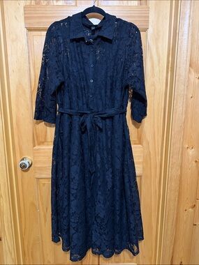 torrid Black Lace Midi Shirt Dress with Tie Waist 3/4 Sleeves, Fully Lined. 2X
